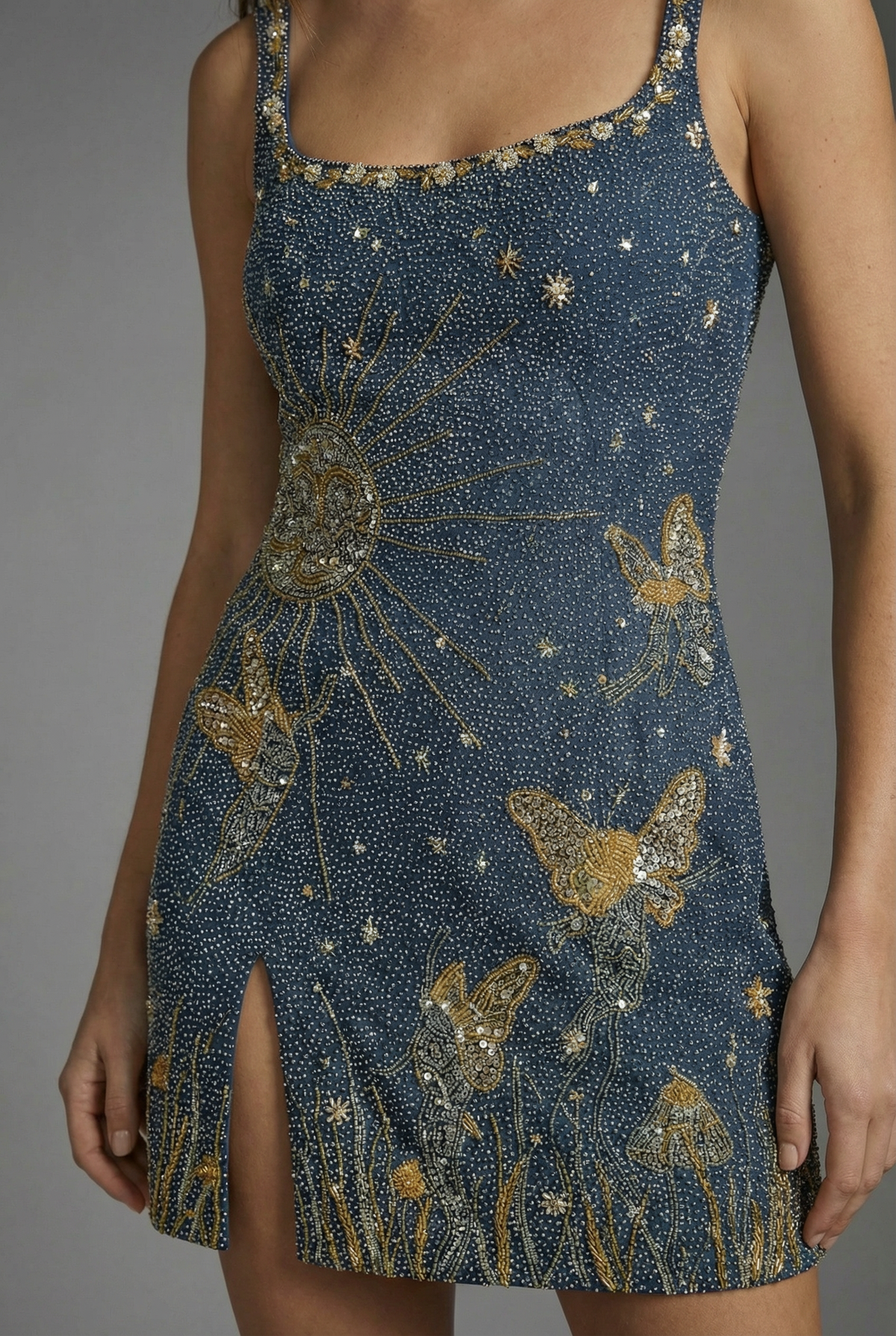 Women’s Deep Blue Sparkle Mini Dress – Sleeveless Glitter Occasion Dress with Slit