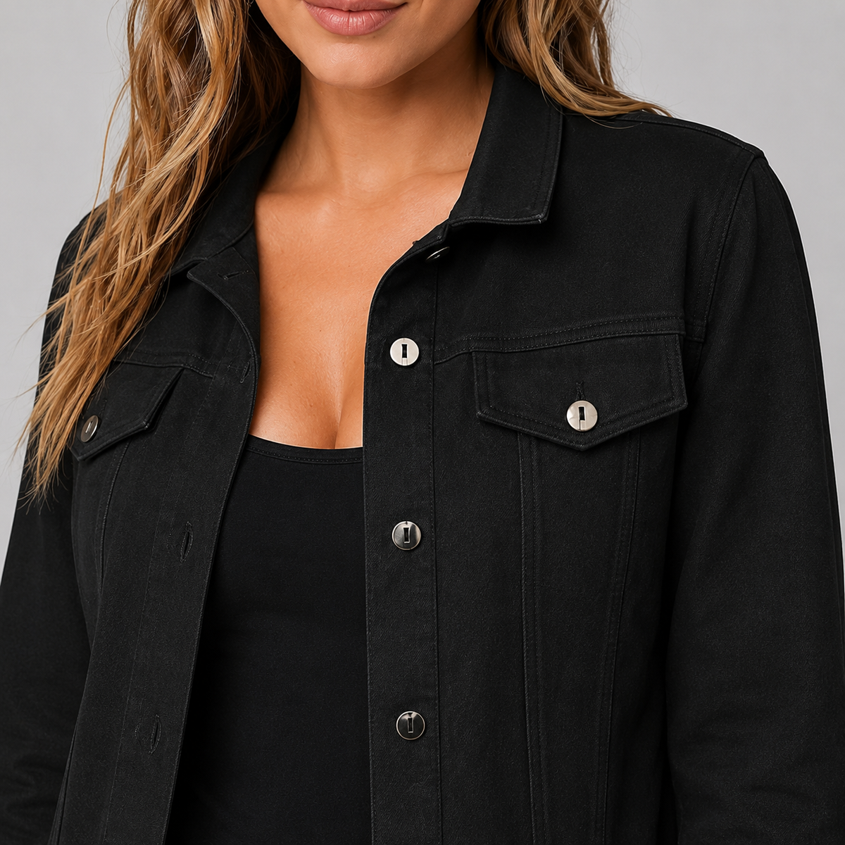 Denim Style Trucker Jacket With Chest Pockets Women
