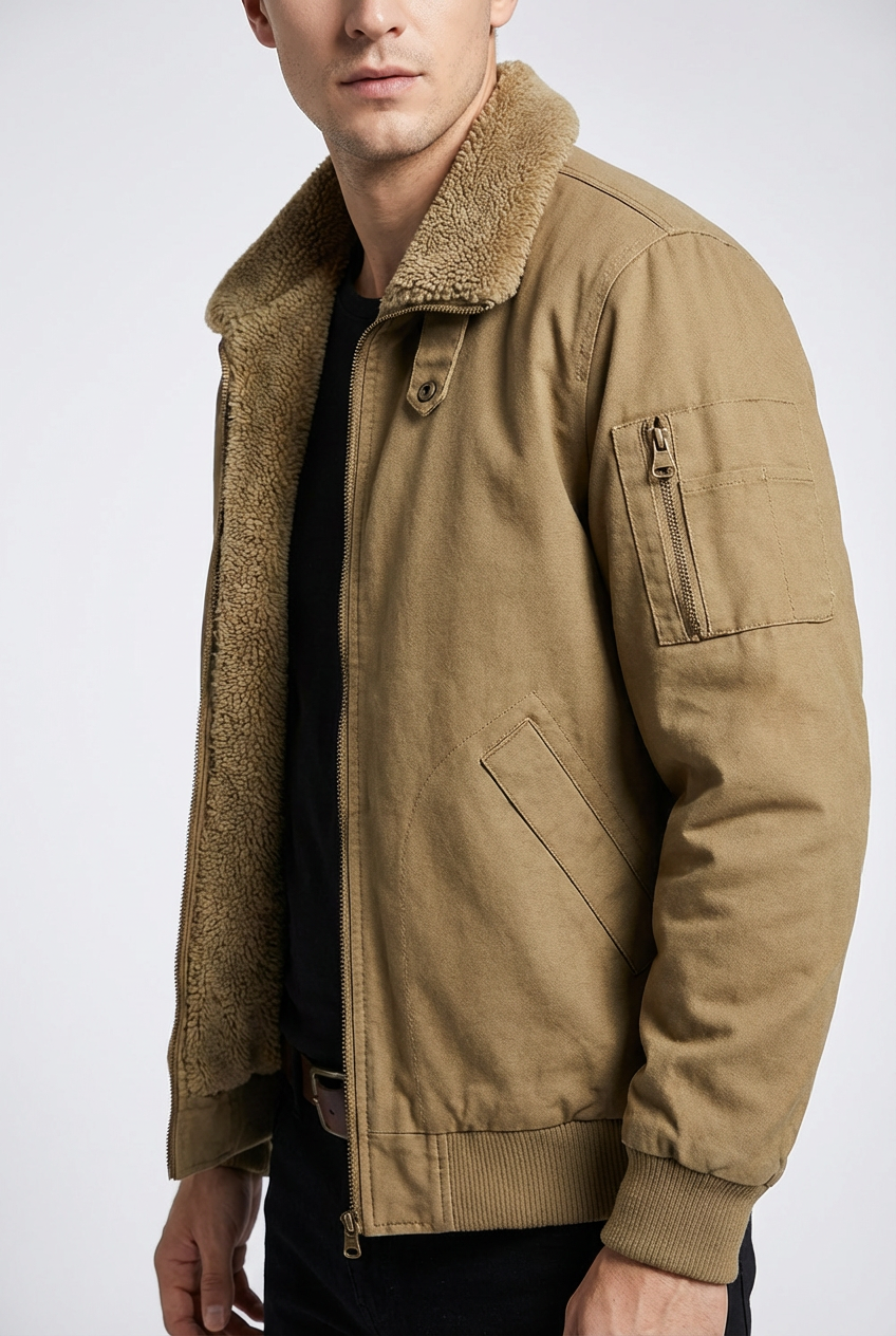 Men’s Tan Sherpa-Lined Warm Fleece Winter Jacket