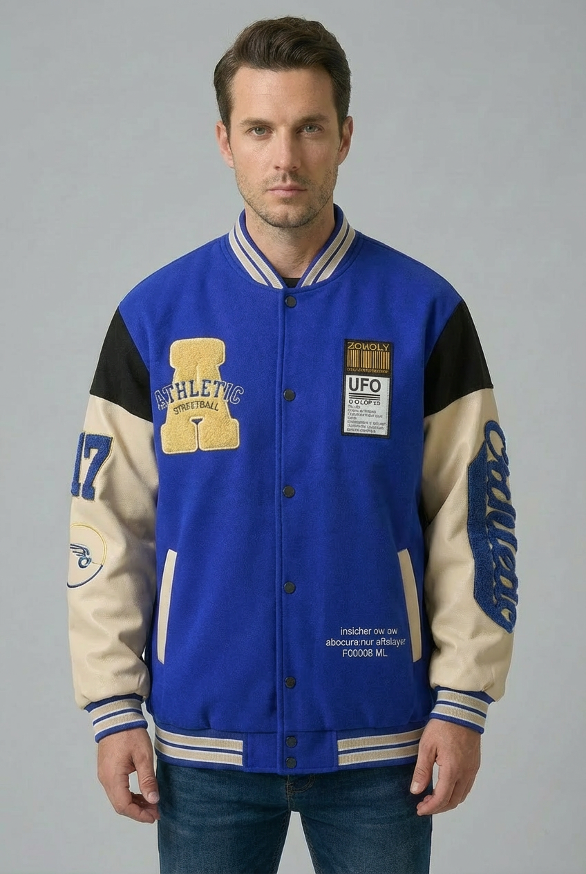 Men’s Vintage Varsity Jacket with Embroidered Patches