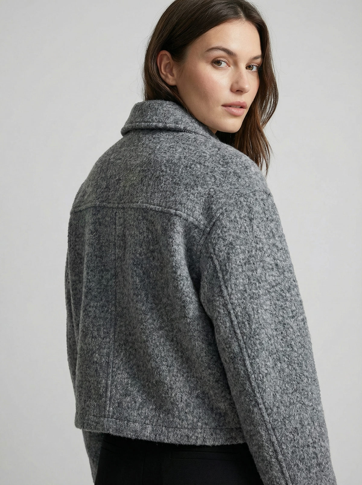 Women’s Gray Cropped Big Front Pocket Wool Blend Zip Jacket