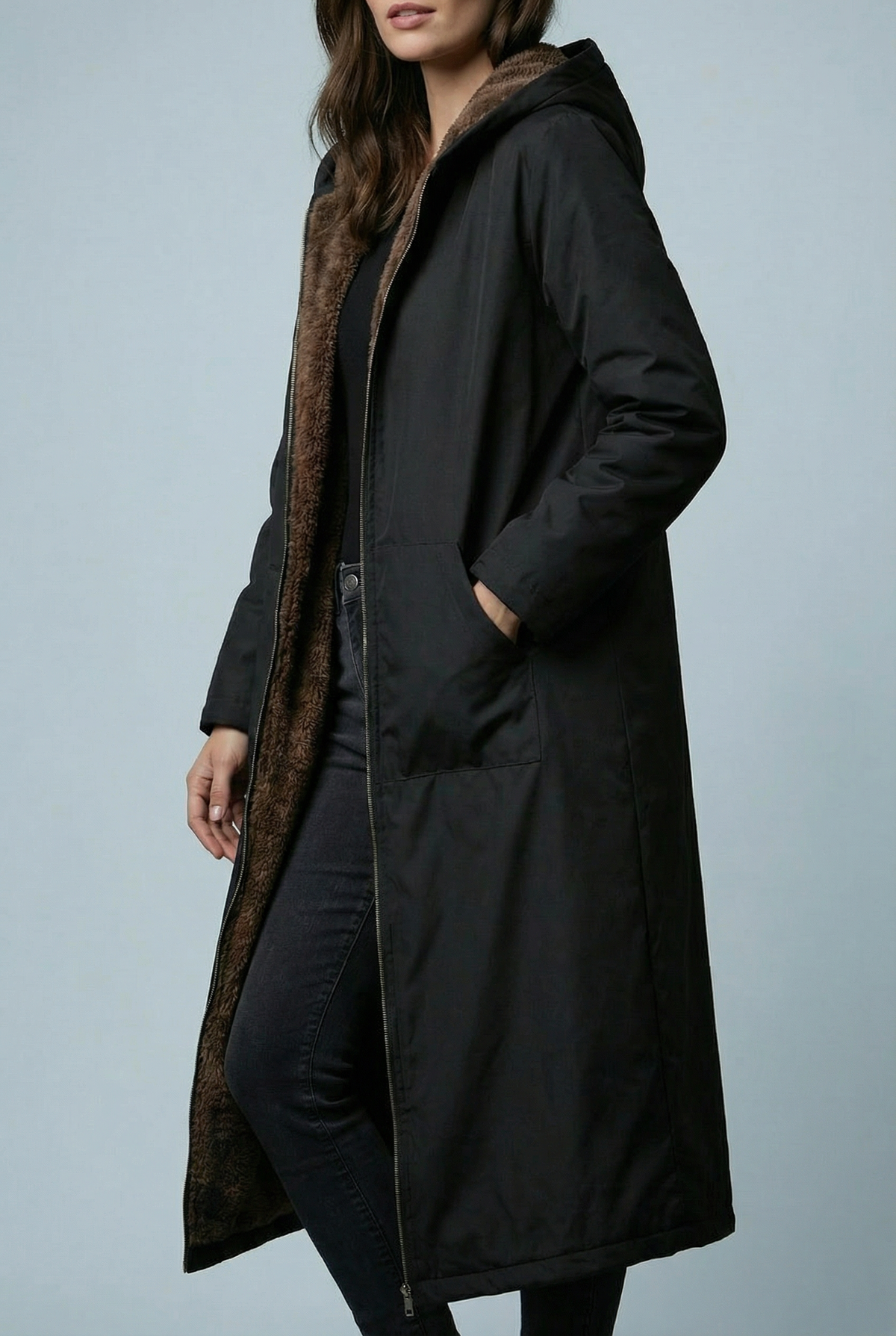 Women’s Elegant Black Plush-Lined Hooded Long Coat