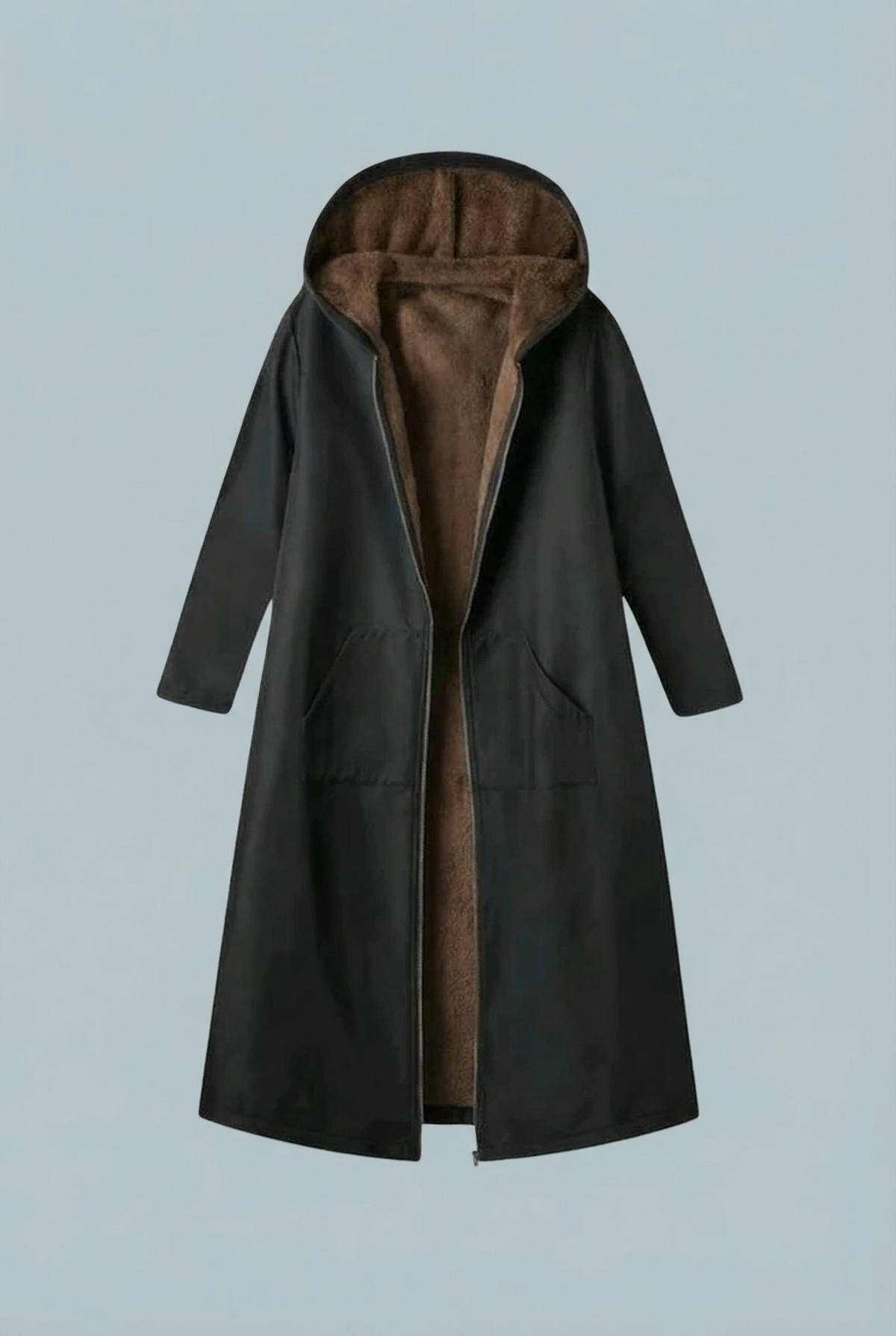 Women’s Elegant Black Plush-Lined Hooded Long Coat