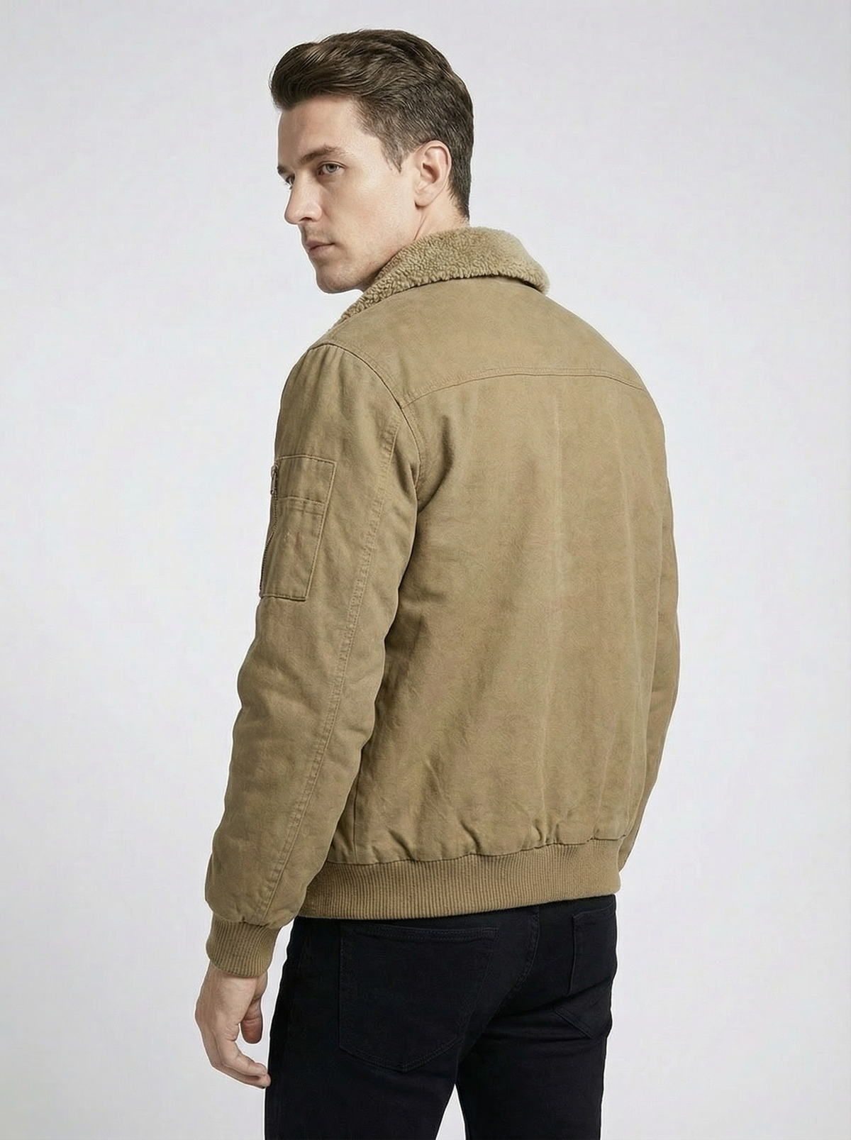 Men’s Tan Sherpa-Lined Warm Fleece Winter Jacket