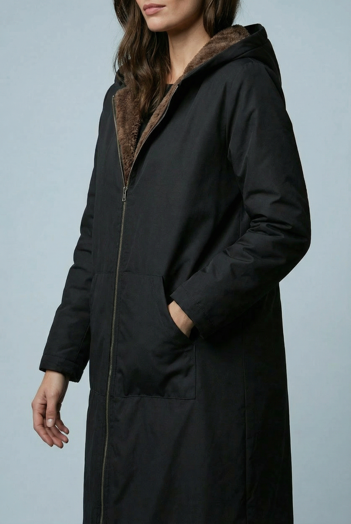 Women’s Elegant Black Plush-Lined Hooded Long Coat