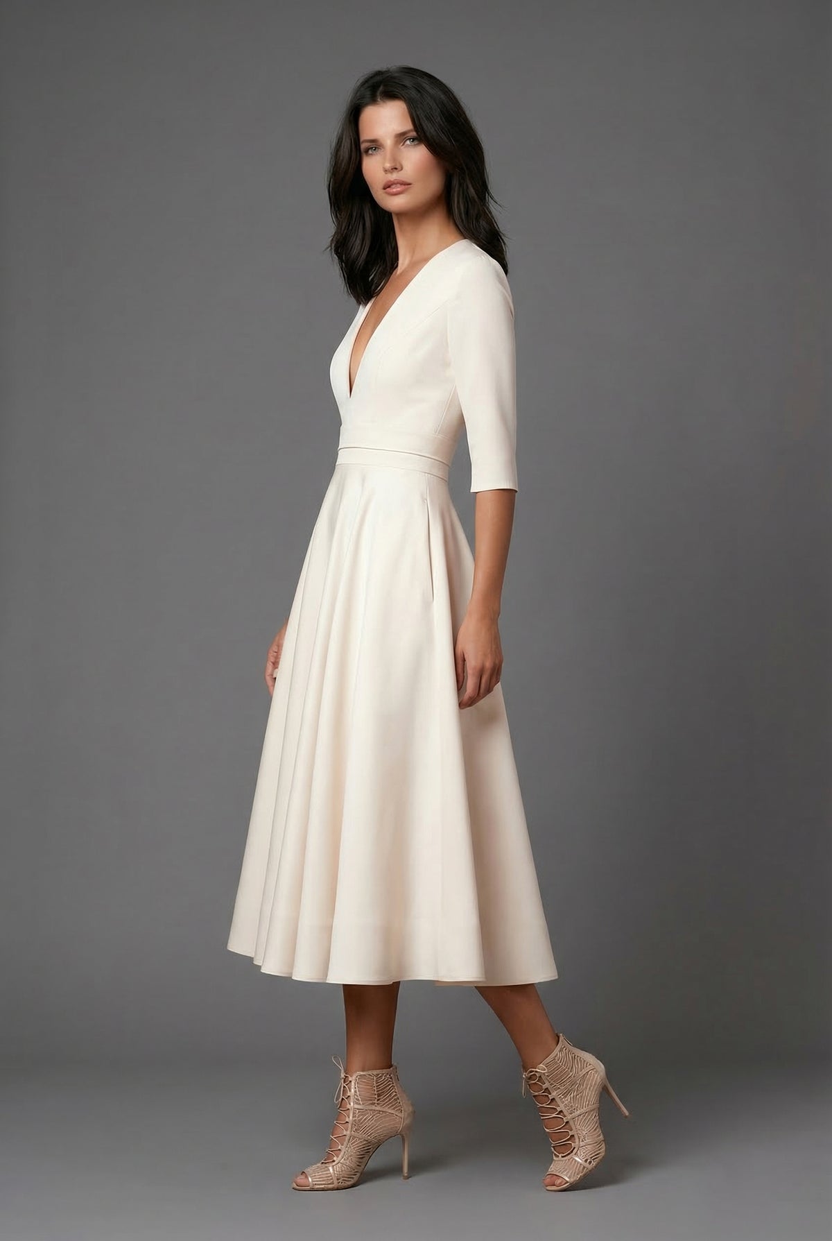 Women’s Elegant White Wedding Guest A-Line Flared Midi Dress