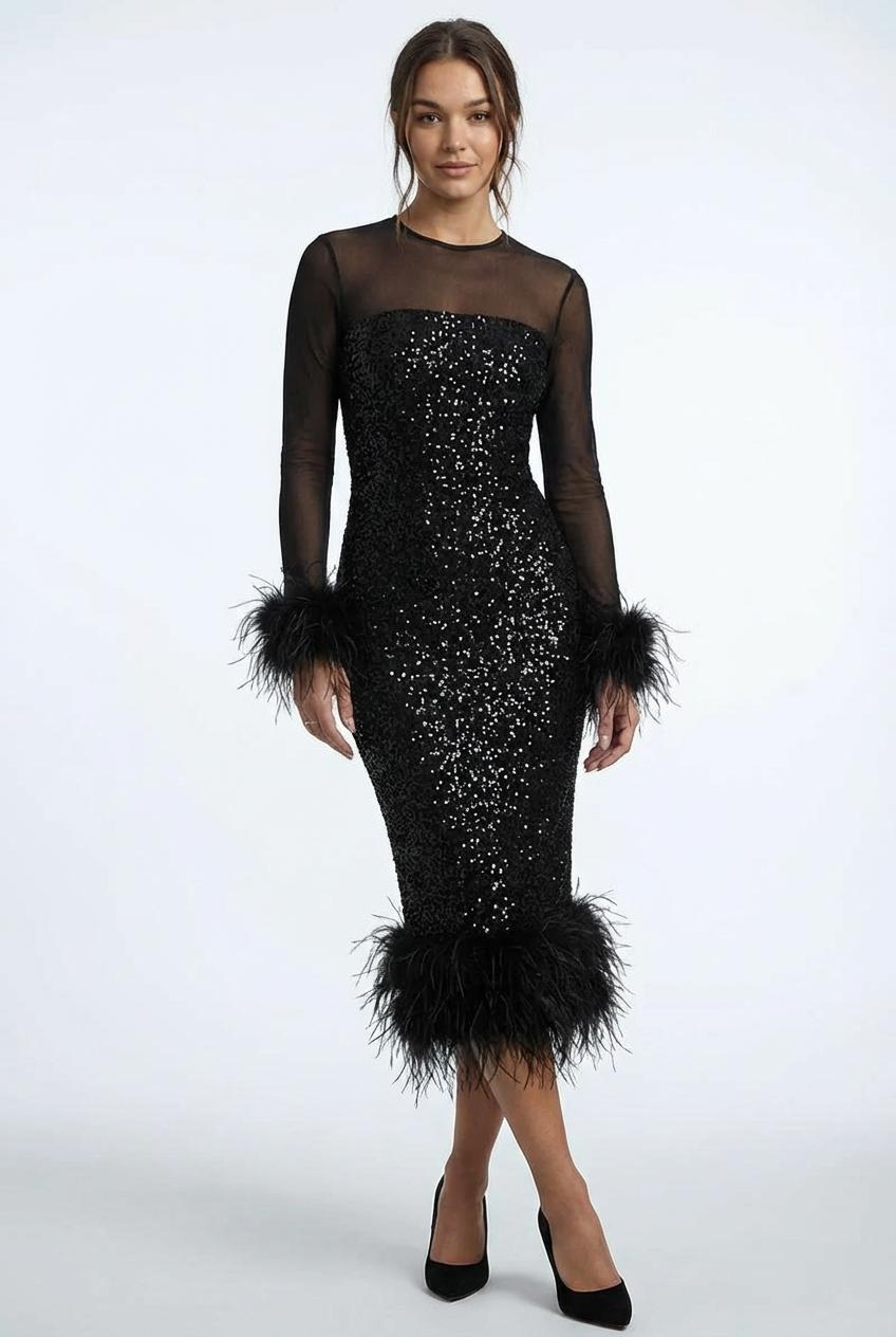 Women’s Slim A-Line Feather Patchwork Sequin Dress