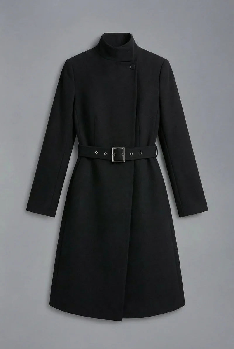Women's Black High Neck Asymmetric Front Belted coat