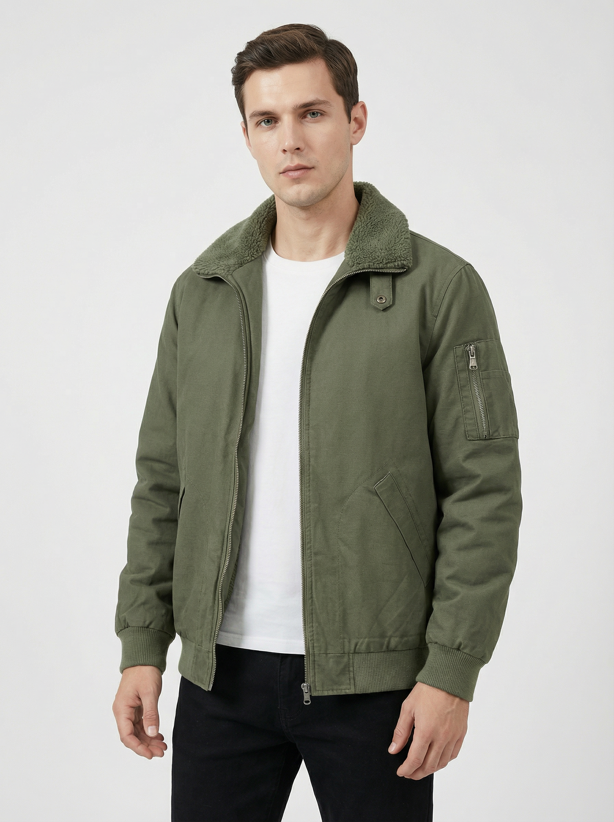 Men’s Tan Sherpa-Lined Warm Fleece Winter Jacket