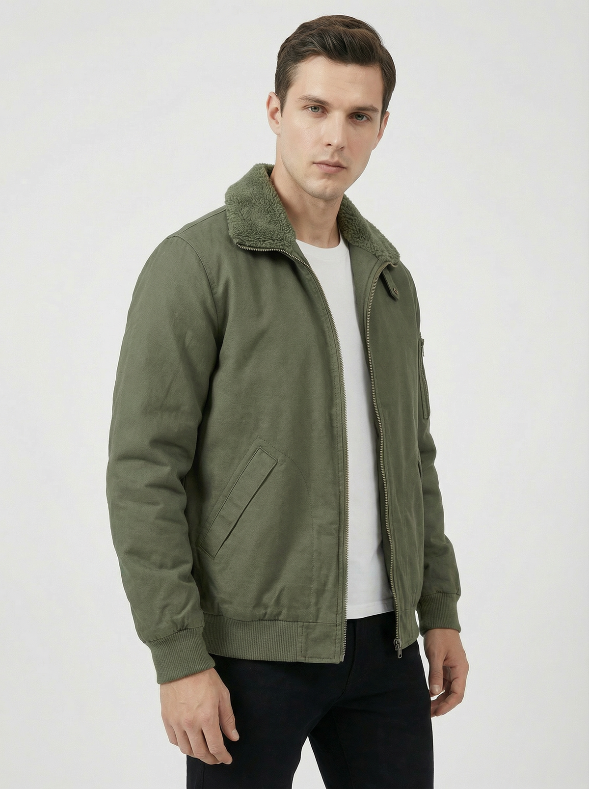Men’s Tan Sherpa-Lined Warm Fleece Winter Jacket