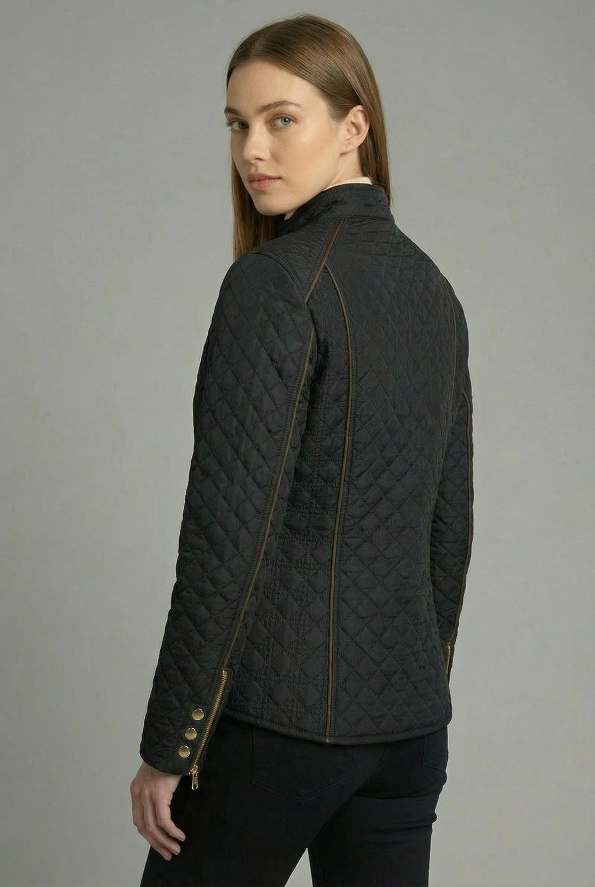 Diamond Quilted Stand Collar Zip Jacket Women