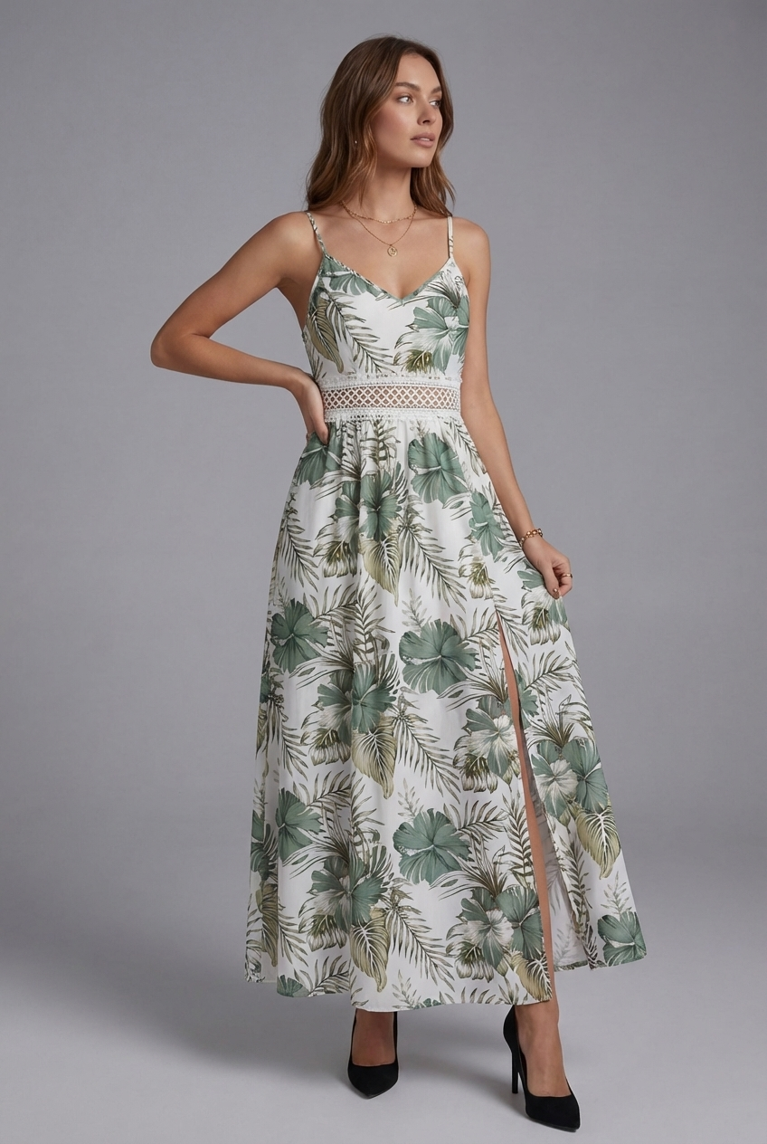 Women’s Floral Spaghetti Strap Elegant Split Maxi Dress