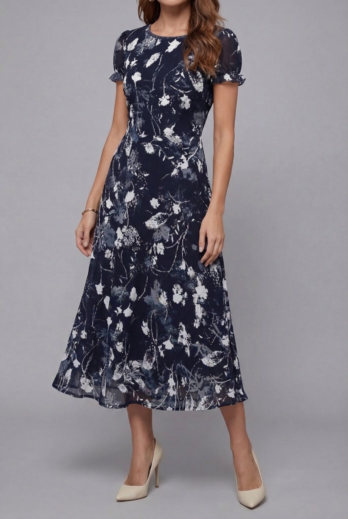 Women’s Ascot Floral Midi Dress Elegant Crew Neck Short Sleeve