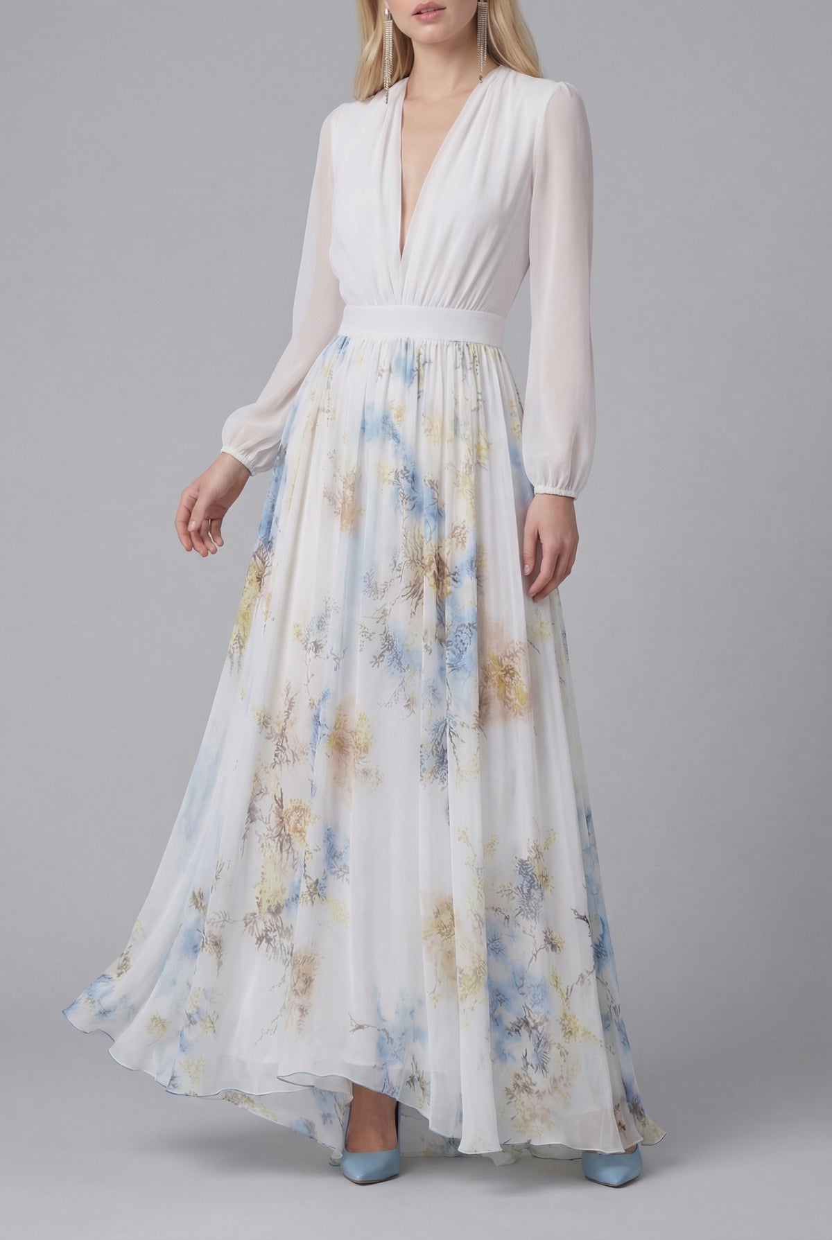 Women’s Elegant Floral Chiffon Style White Maxi Dress