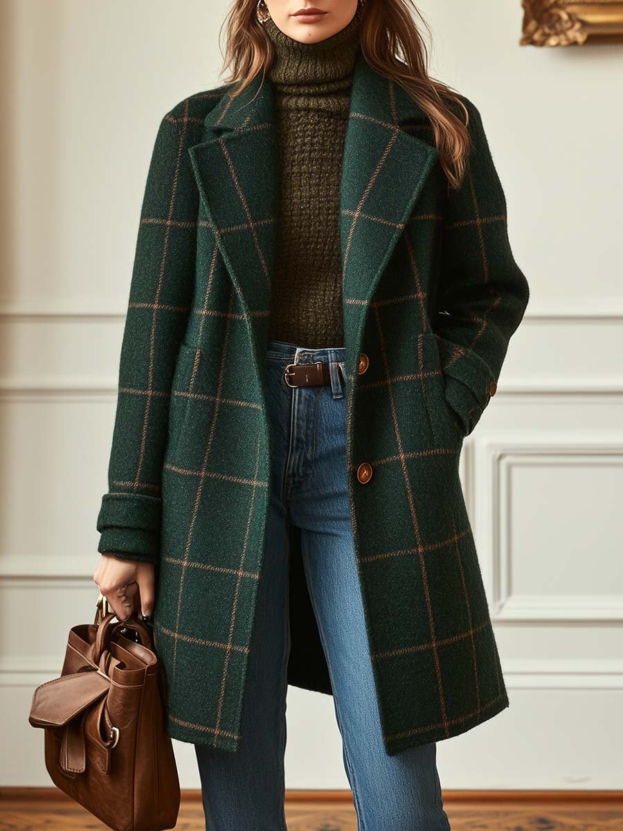 Check Print Tailored Wool Style Coat Women