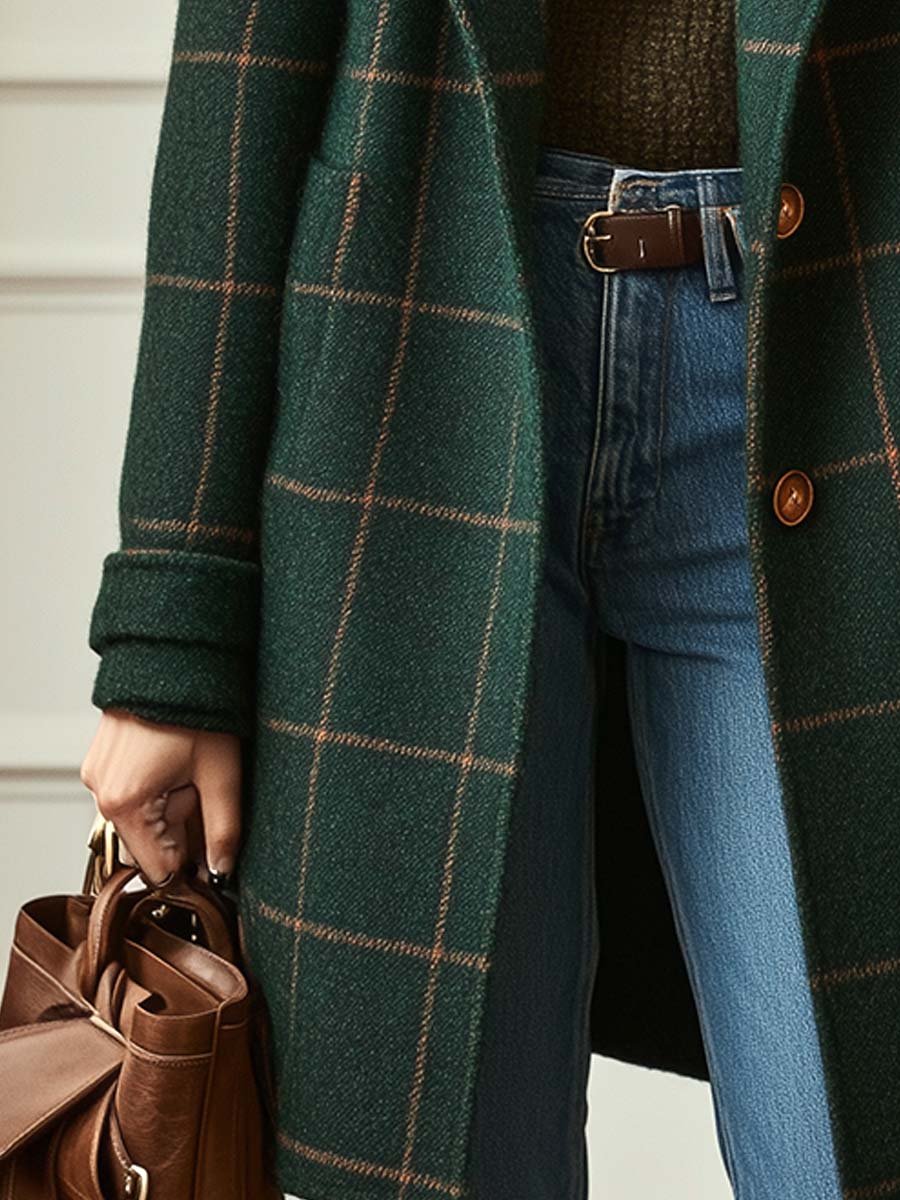 Check Print Tailored Wool Style Coat Women