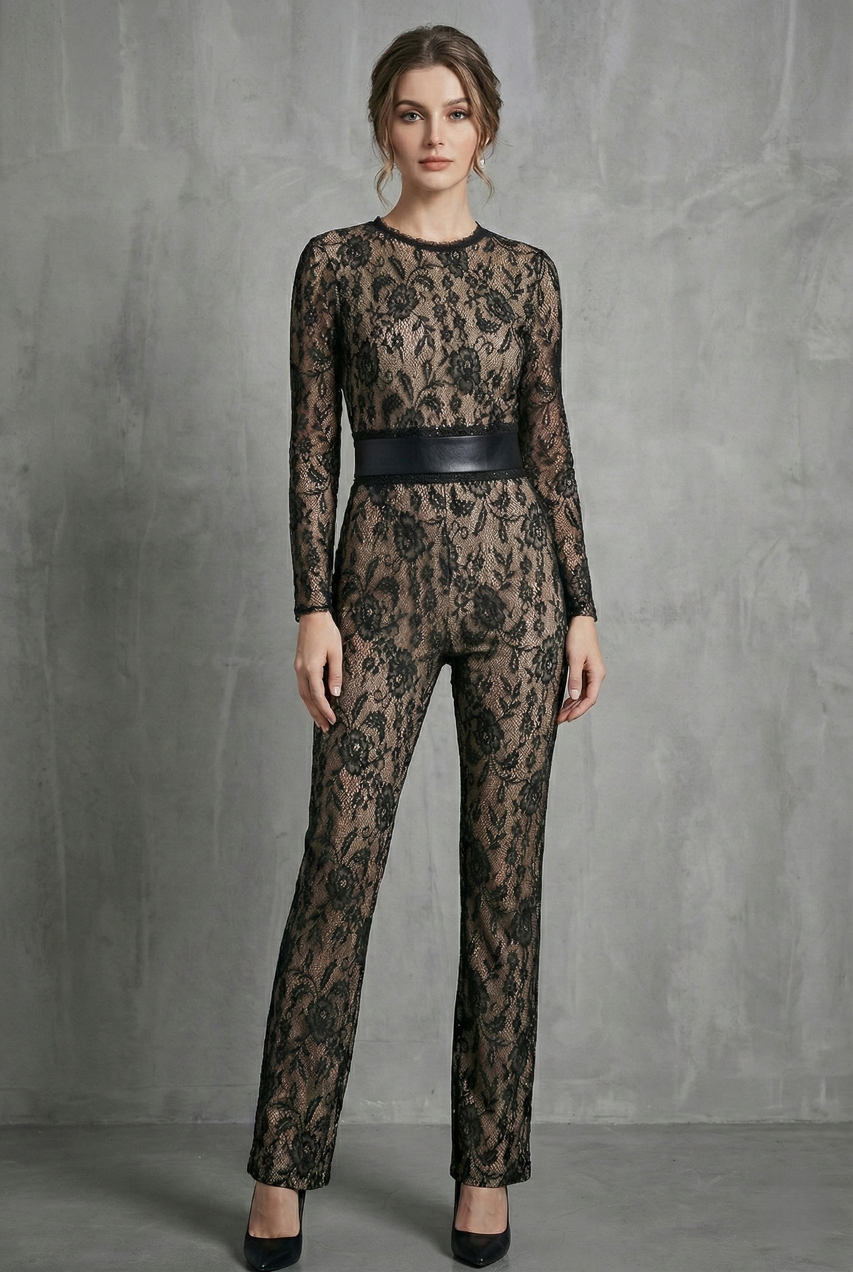 Women’s Black Long Sleeve Lace Wide Leg Jumpsuit