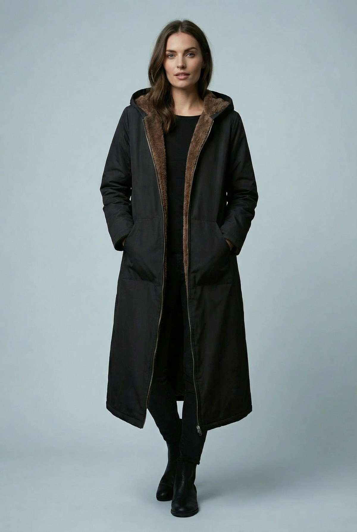 Women’s Elegant Black Plush-Lined Hooded Long Coat