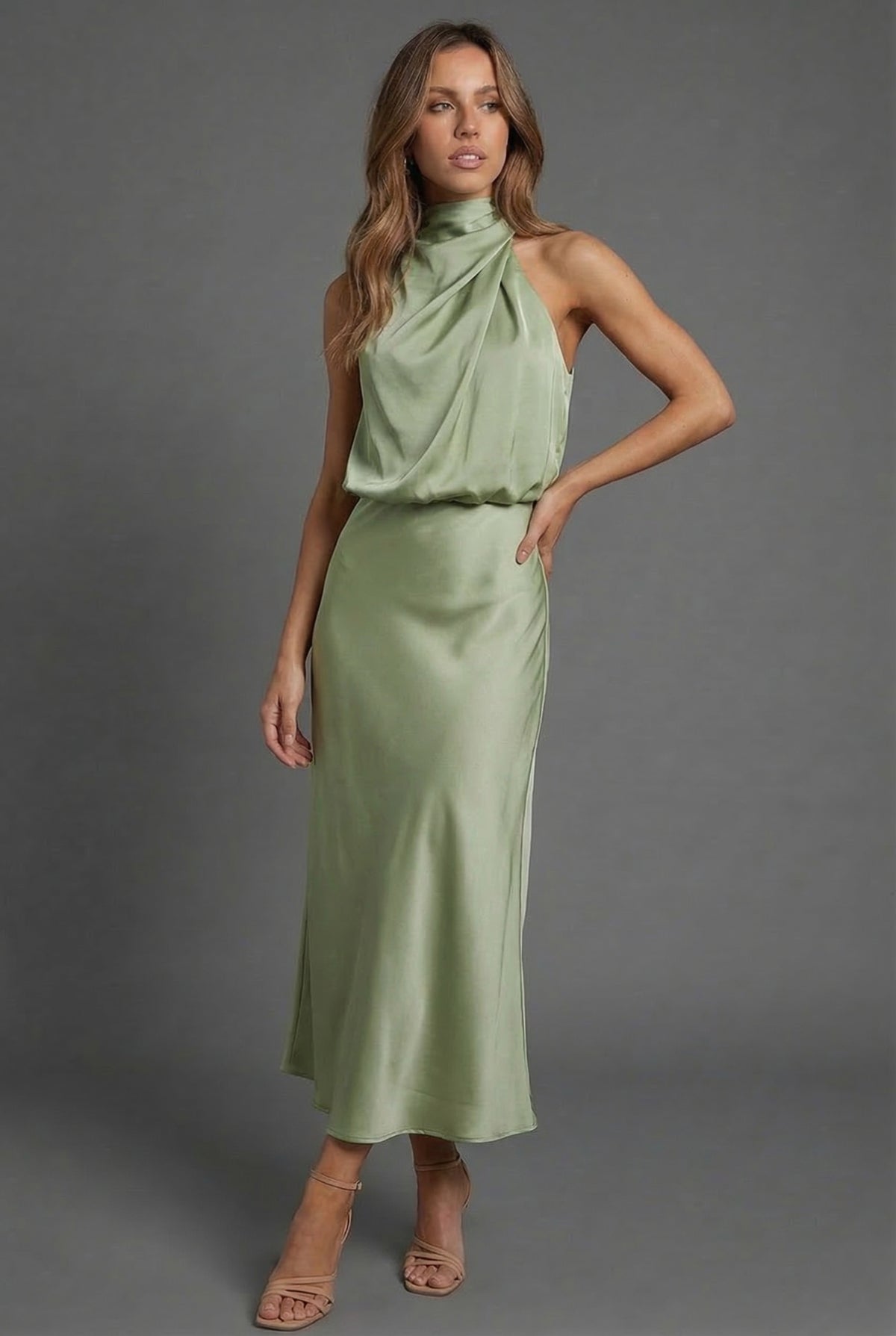 Halterneck Satin Style Wedding Guest Midi Dress
