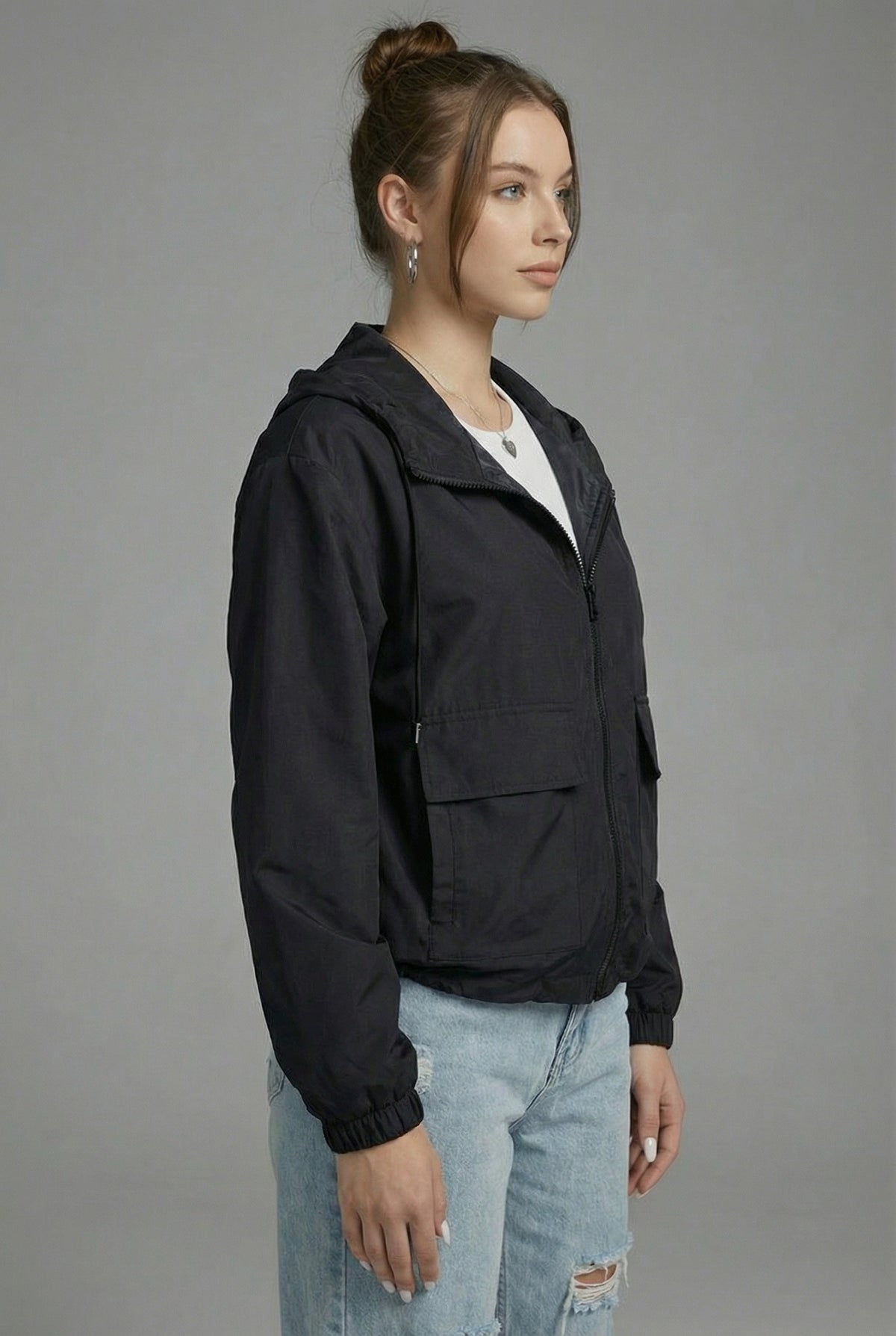 Women’s Black Cropped Spring Jacket Lightweight Hooded Casual Outerwear