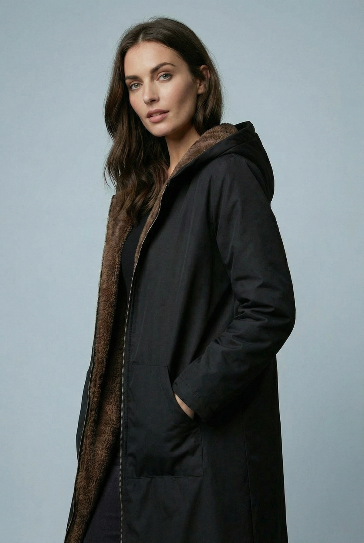 Women’s Elegant Black Plush-Lined Hooded Long Coat