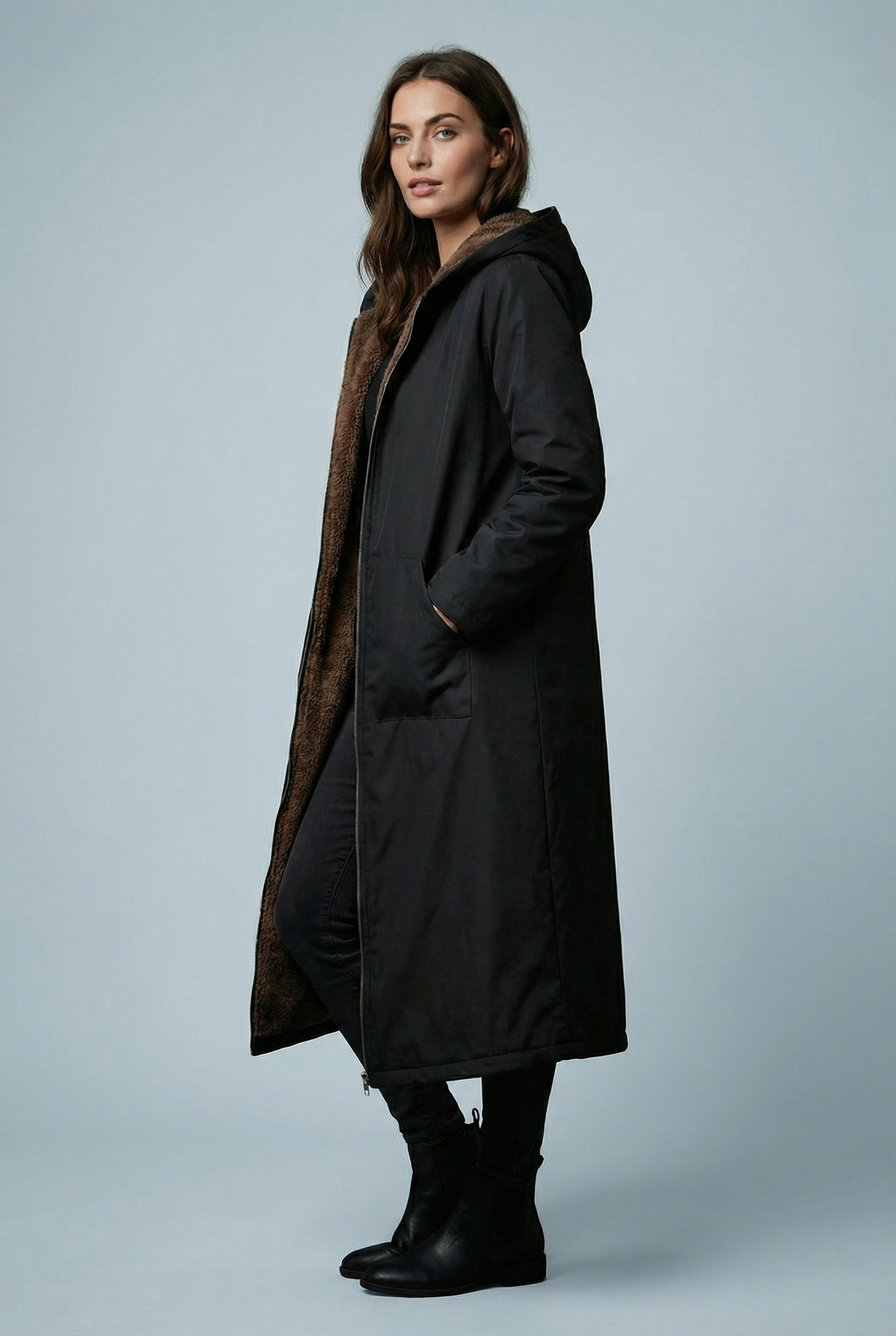 Women’s Elegant Black Plush-Lined Hooded Long Coat